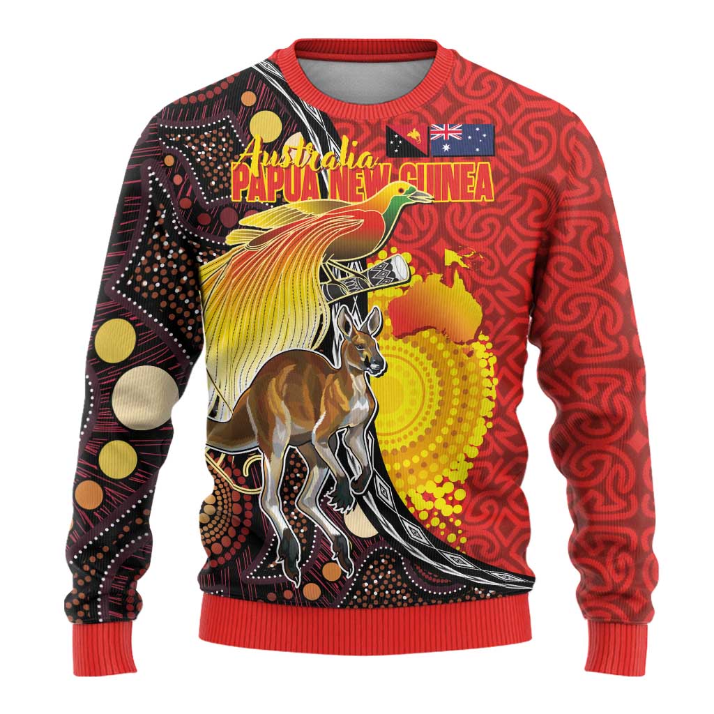 Australia and Papua New Guinea Together Ugly Christmas Sweater Bird-of-paradise and Kangaroo with Oro Tapa and Aboriginal Art Motifs - Polynesian Pride