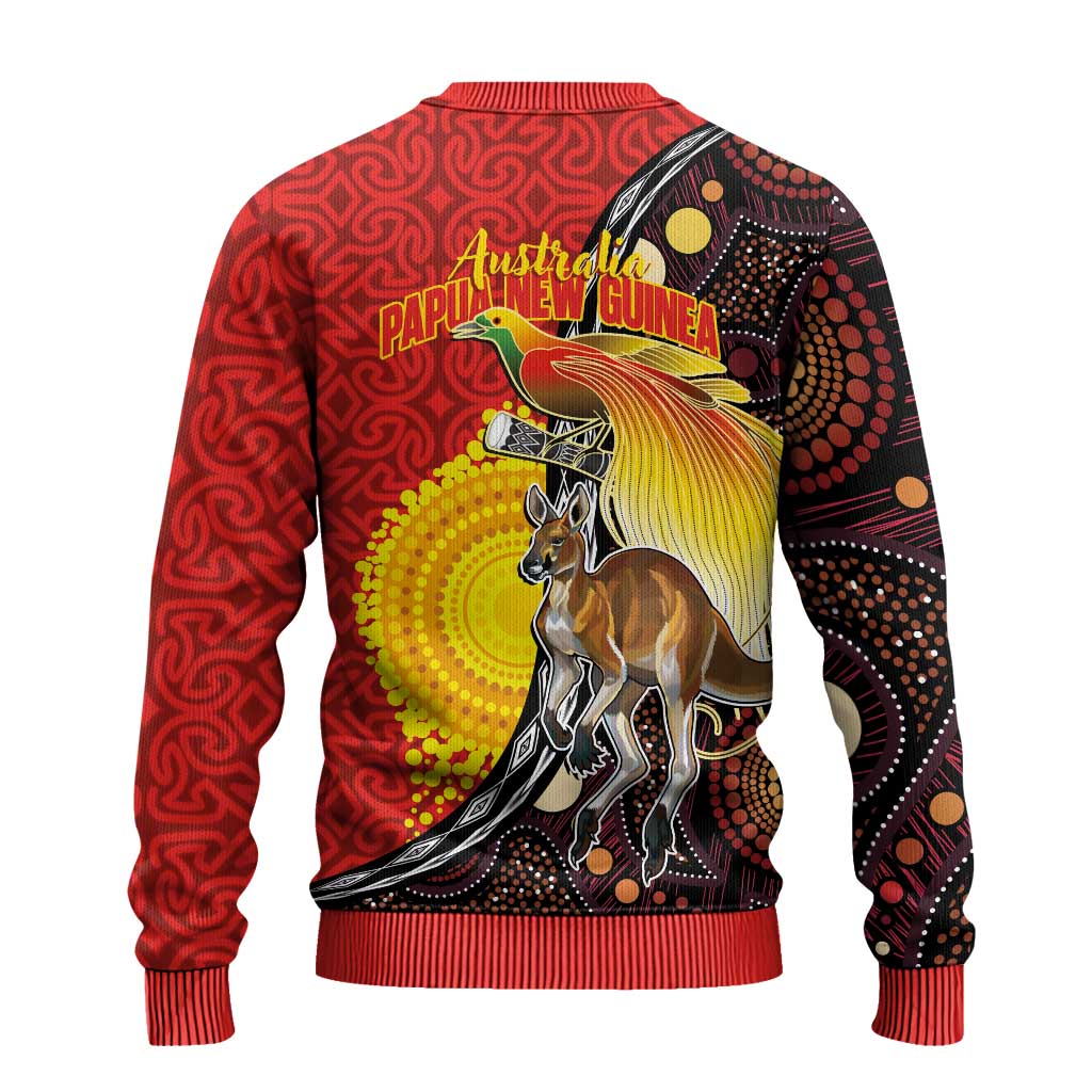 Australia and Papua New Guinea Together Ugly Christmas Sweater Bird-of-paradise and Kangaroo with Oro Tapa and Aboriginal Art Motifs - Polynesian Pride