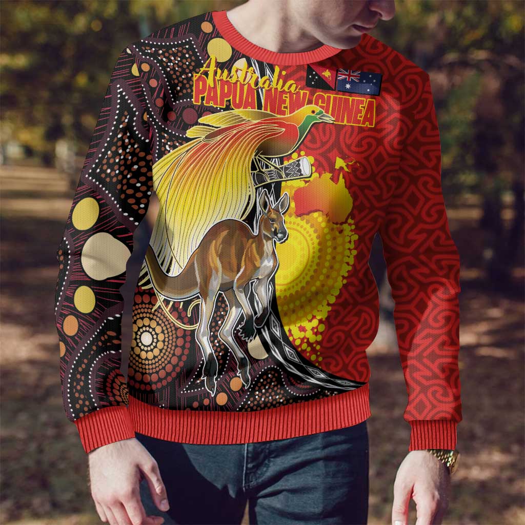 Australia and Papua New Guinea Together Ugly Christmas Sweater Bird-of-paradise and Kangaroo with Oro Tapa and Aboriginal Art Motifs - Polynesian Pride