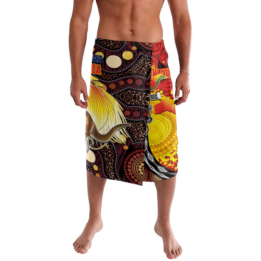 Australia and Papua New Guinea Together Lavalava Bird-of-paradise and Kangaroo with Oro Tapa and Aboriginal Art Motifs LT03 Black - Polynesian Pride