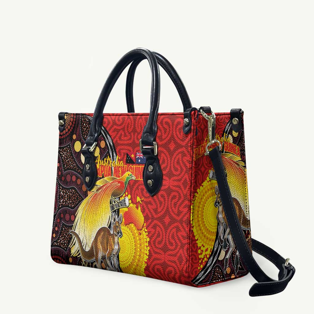 Australia and Papua New Guinea Together Leather Bag Bird-of-paradise and Kangaroo with Oro Tapa and Aboriginal Art Motifs - Polynesian Pride
