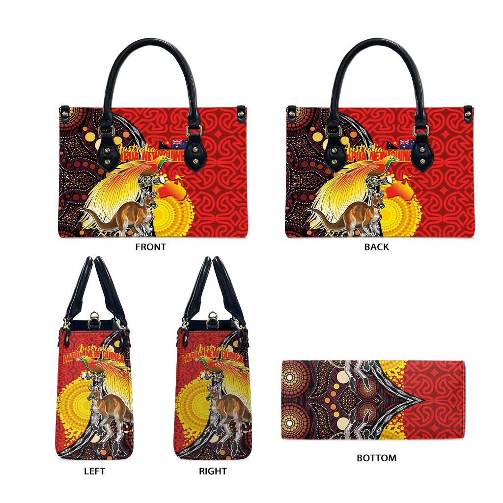 Australia and Papua New Guinea Together Leather Bag Bird-of-paradise and Kangaroo with Oro Tapa and Aboriginal Art Motifs - Polynesian Pride