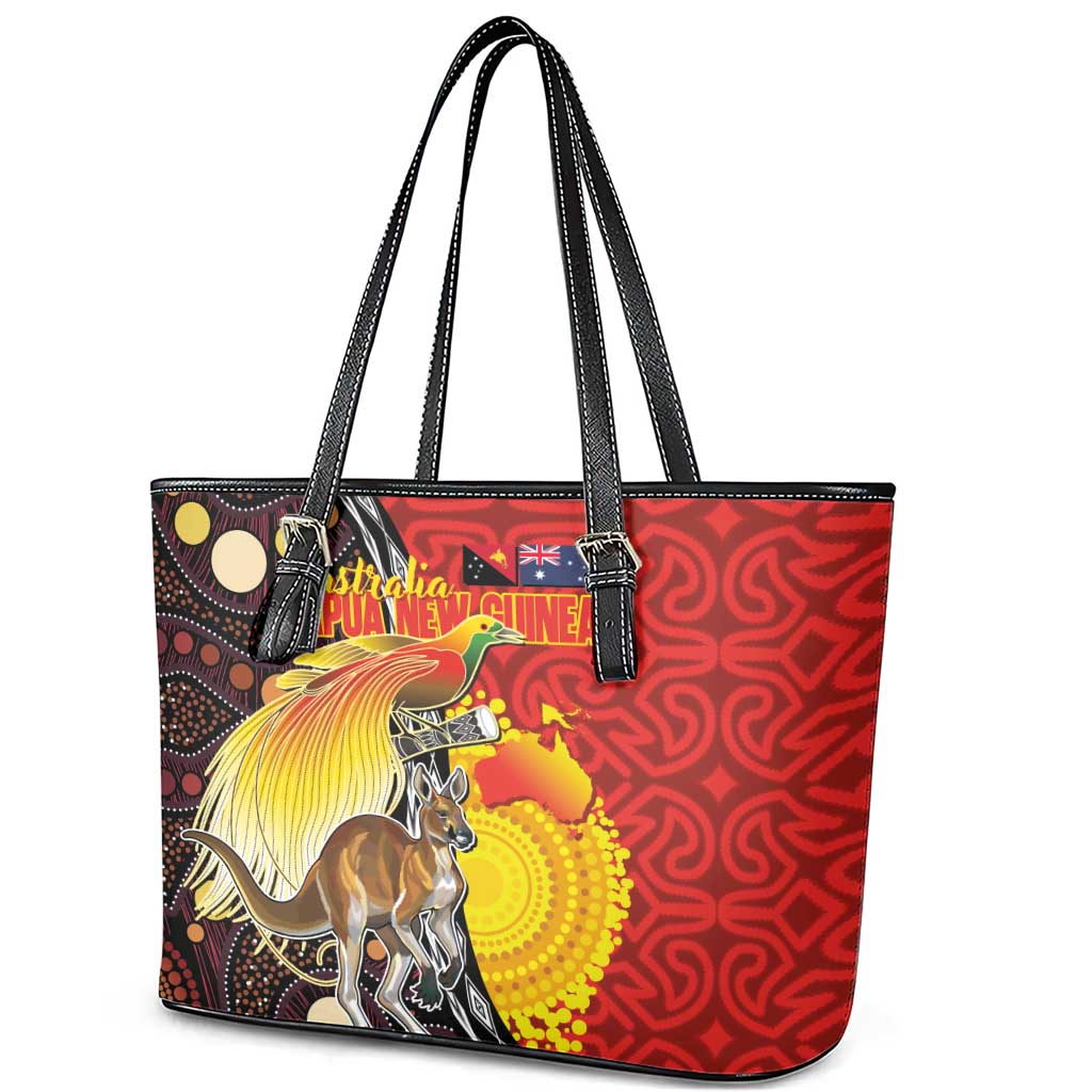 Australia and Papua New Guinea Together Leather Tote Bag Bird-of-paradise and Kangaroo with Oro Tapa and Aboriginal Art Motifs - Polynesian Pride