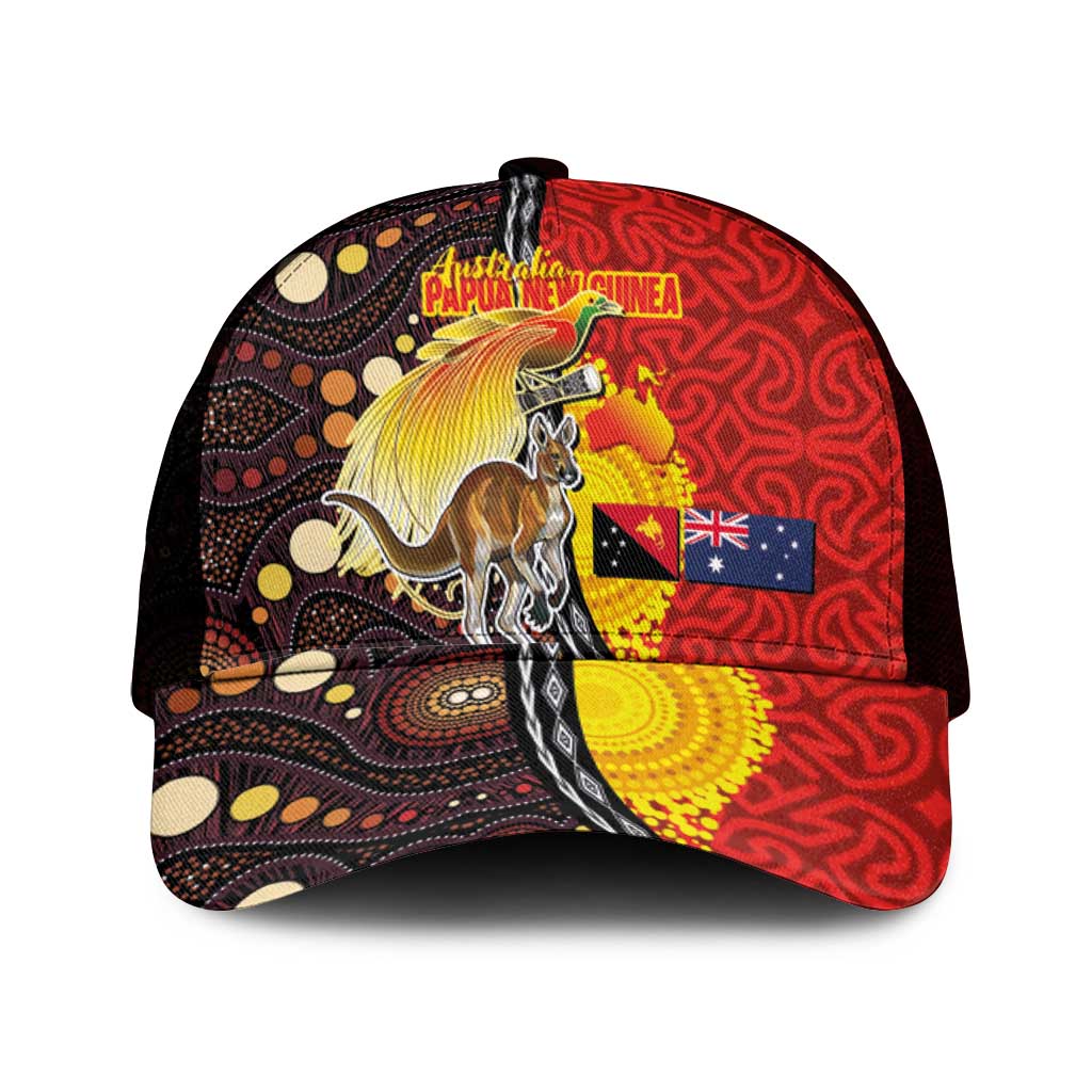 Australia and Papua New Guinea Together Mesh Trucker Cap Bird-of-paradise and Kangaroo with Oro Tapa and Aboriginal Art Motifs - Polynesian Pride