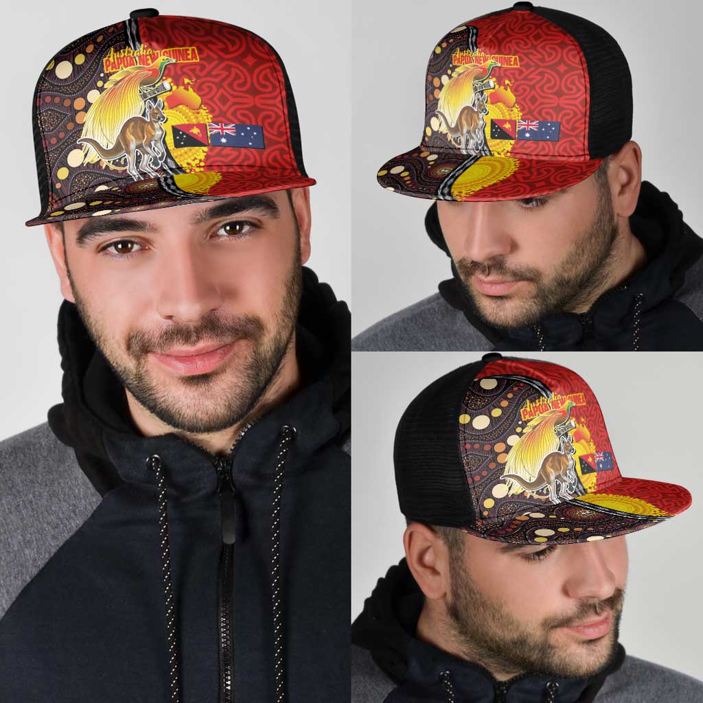 Australia and Papua New Guinea Together Mesh Trucker Cap Bird-of-paradise and Kangaroo with Oro Tapa and Aboriginal Art Motifs - Polynesian Pride
