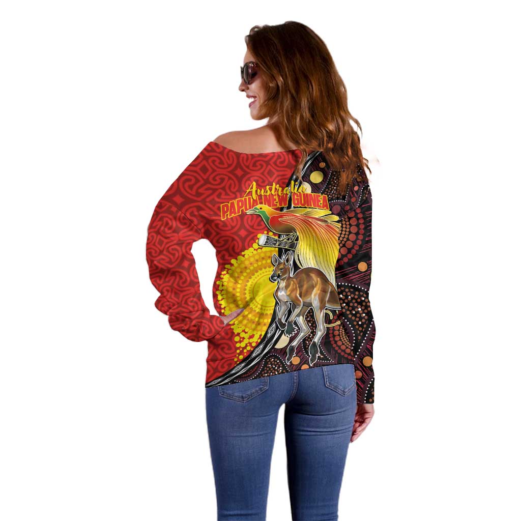 Australia and Papua New Guinea Together Off Shoulder Sweater Bird-of-paradise and Kangaroo with Oro Tapa and Aboriginal Art Motifs - Polynesian Pride