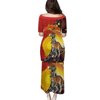 Australia and Papua New Guinea Together Puletasi Bird-of-paradise and Kangaroo with Oro Tapa and Aboriginal Art Motifs - Polynesian Pride