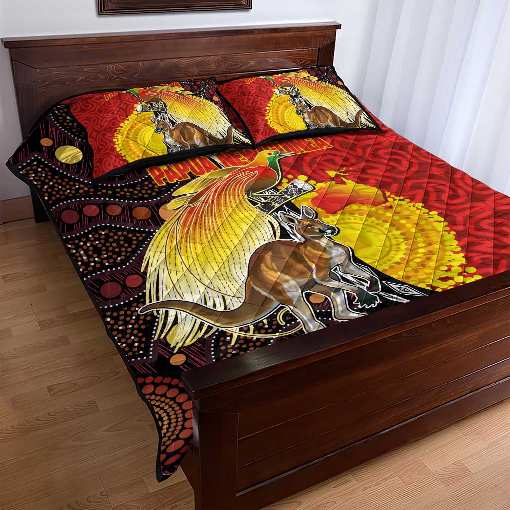 Australia and Papua New Guinea Together Quilt Bed Set Bird-of-paradise and Kangaroo with Oro Tapa and Aboriginal Art Motifs - Polynesian Pride