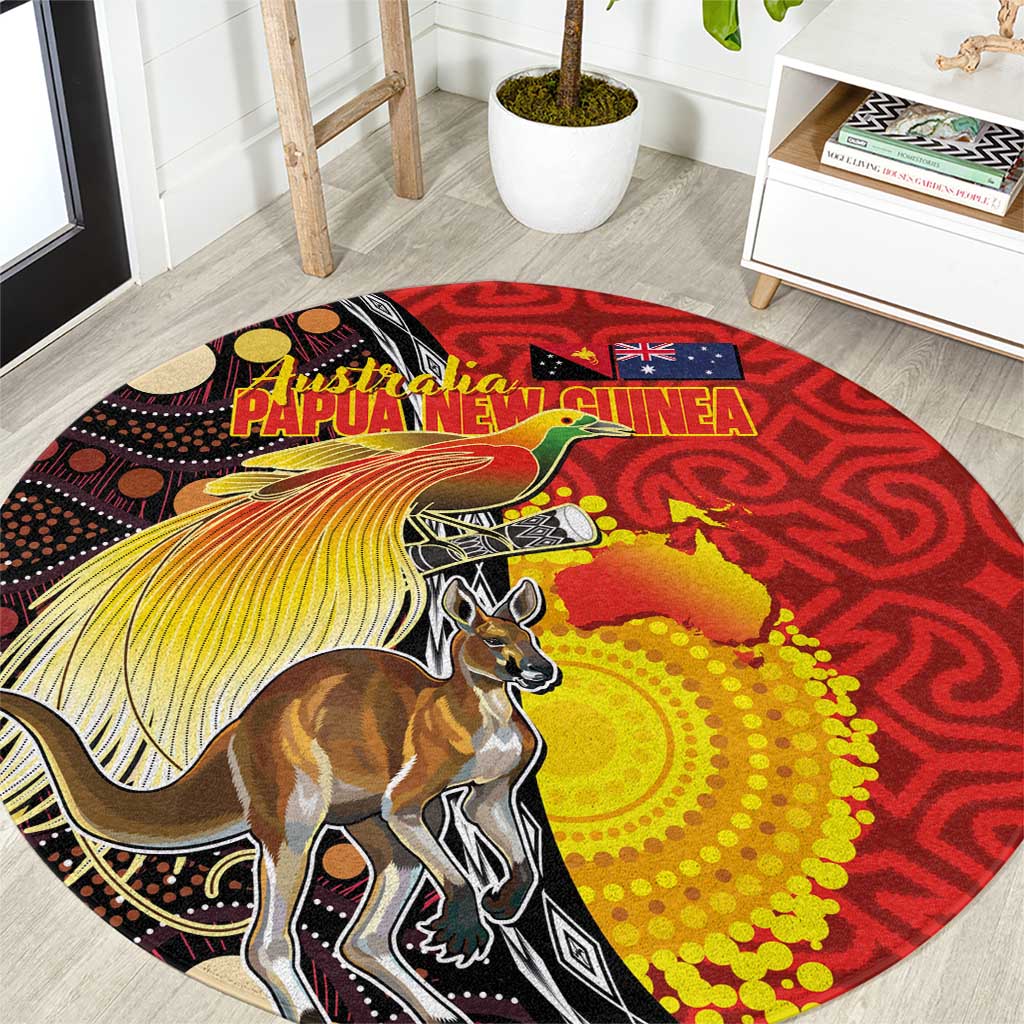 Australia and Papua New Guinea Together Round Carpet Bird-of-paradise and Kangaroo with Oro Tapa and Aboriginal Art Motifs - Polynesian Pride