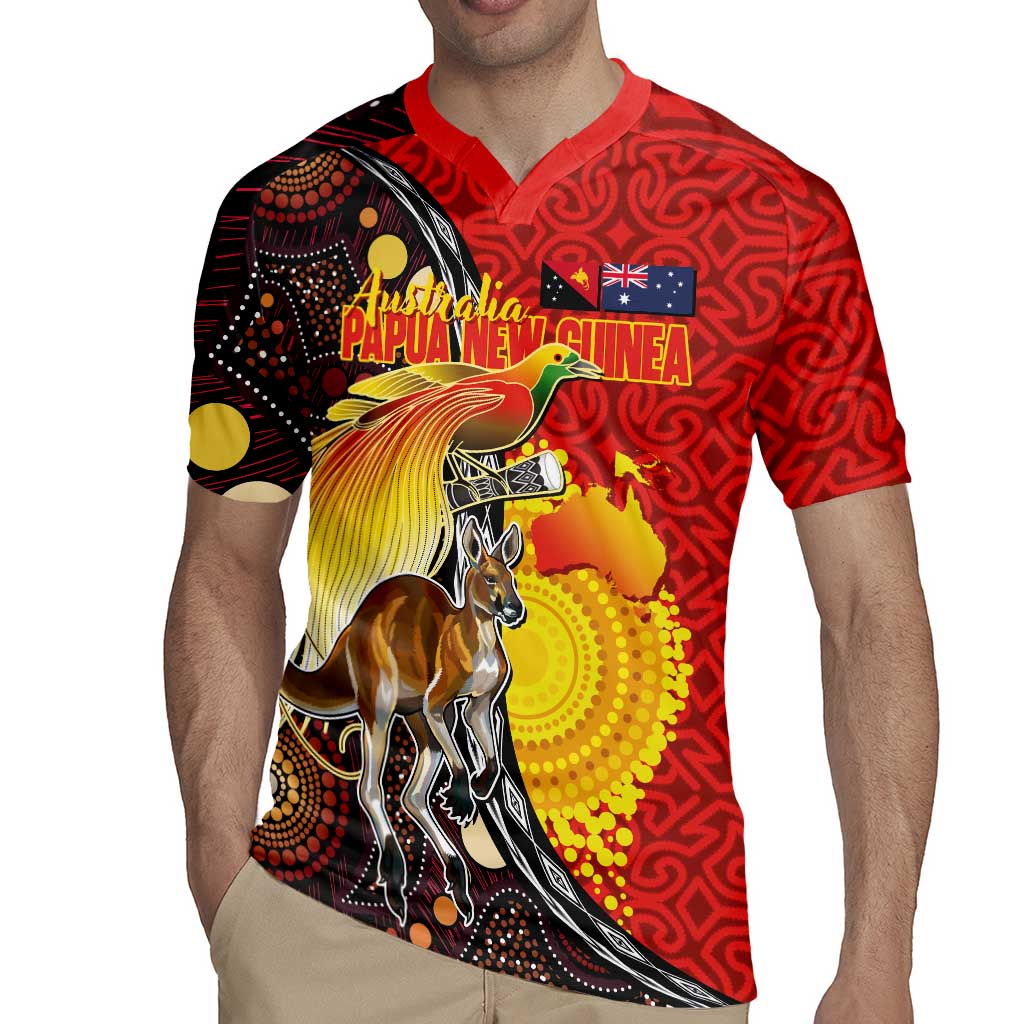 Australia and Papua New Guinea Together Rugby Jersey Bird-of-paradise and Kangaroo with Oro Tapa and Aboriginal Art Motifs - Polynesian Pride
