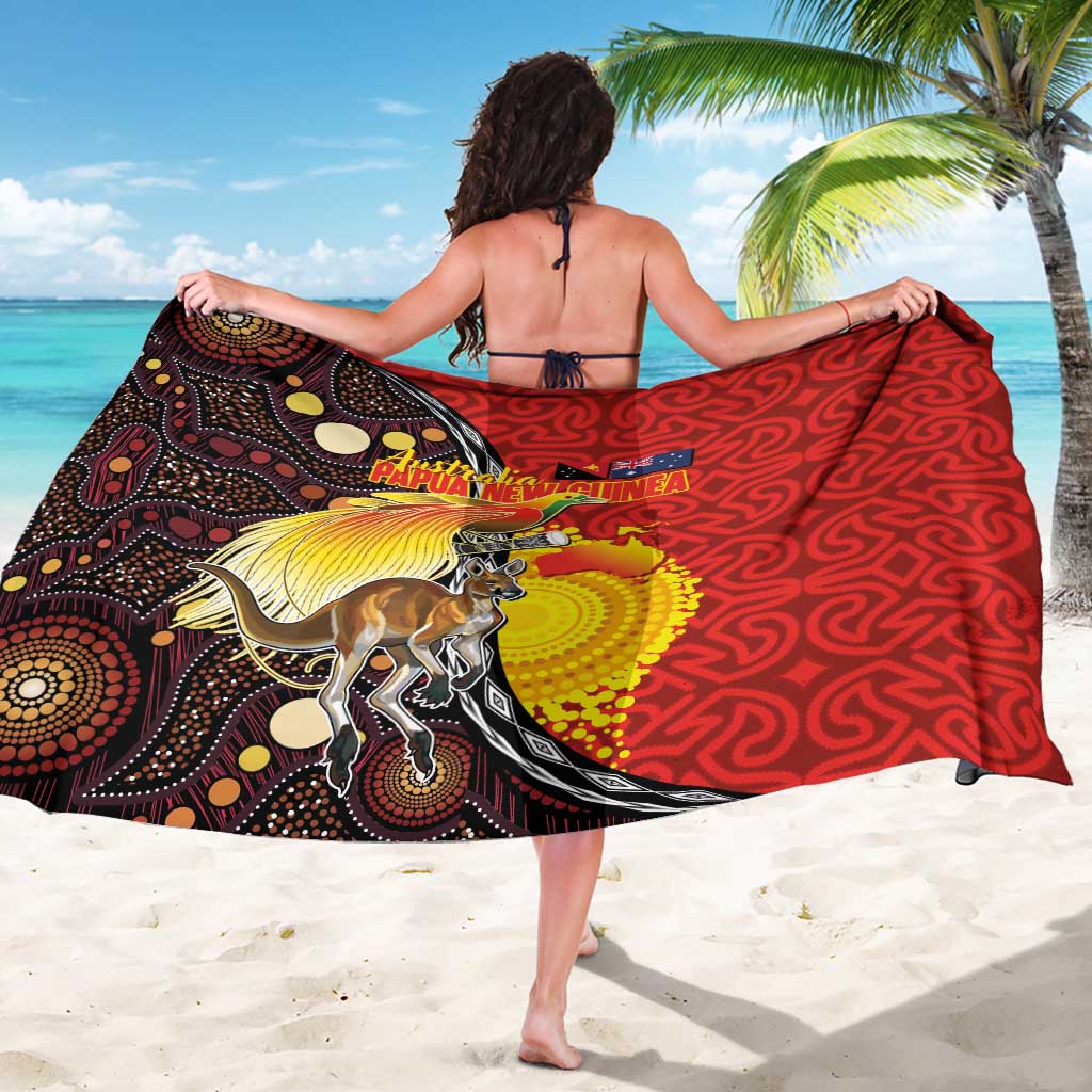 Australia and Papua New Guinea Together Sarong Bird-of-paradise and Kangaroo with Oro Tapa and Aboriginal Art Motifs - Polynesian Pride
