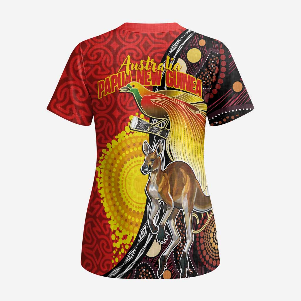 Australia and Papua New Guinea Together Scrub Top Bird-of-paradise and Kangaroo with Oro Tapa and Aboriginal Art Motifs - Polynesian Pride