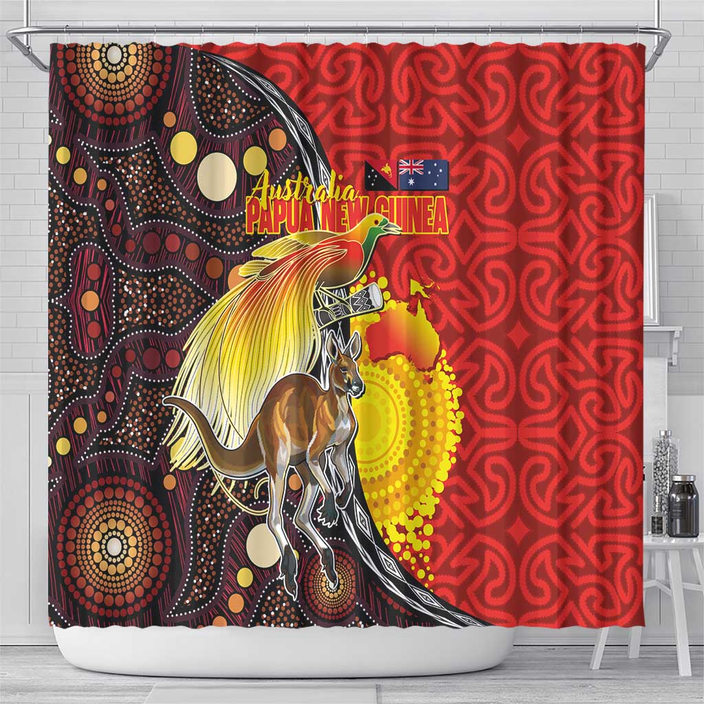 Australia and Papua New Guinea Together Shower Curtain Bird-of-paradise and Kangaroo with Oro Tapa and Aboriginal Art Motifs - Polynesian Pride