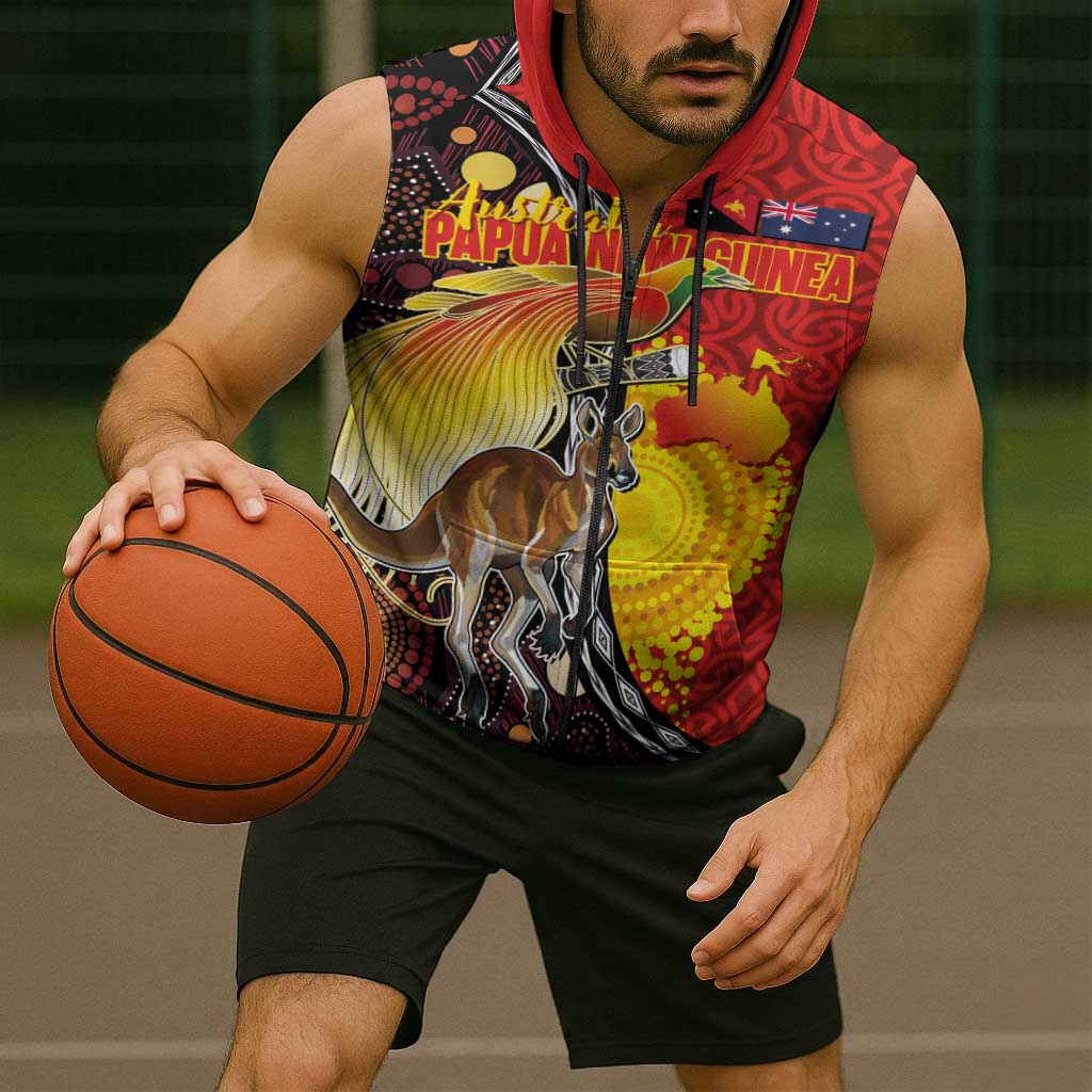 Australia and Papua New Guinea Together Sleeveless Zip Hoodie Bird-of-paradise and Kangaroo with Oro Tapa and Aboriginal Art Motifs LT03