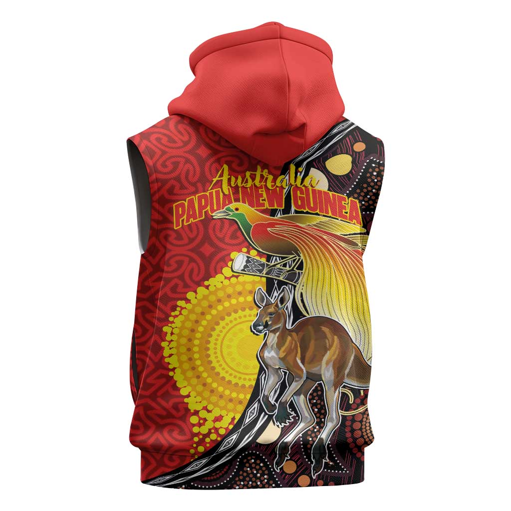 Australia and Papua New Guinea Together Sleeveless Zip Hoodie Bird-of-paradise and Kangaroo with Oro Tapa and Aboriginal Art Motifs - Polynesian Pride