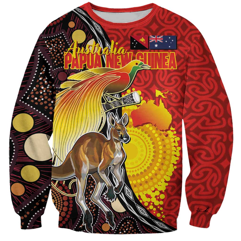 Australia and Papua New Guinea Together Sweatshirt Bird-of-paradise and Kangaroo with Oro Tapa and Aboriginal Art Motifs - Polynesian Pride