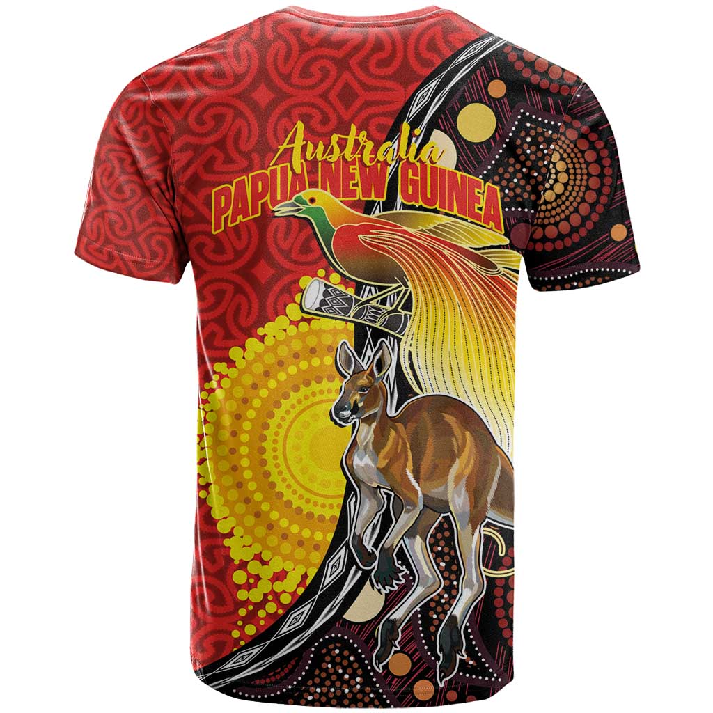 Australia and Papua New Guinea Together T Shirt Bird-of-paradise and Kangaroo with Oro Tapa and Aboriginal Art Motifs - Polynesian Pride