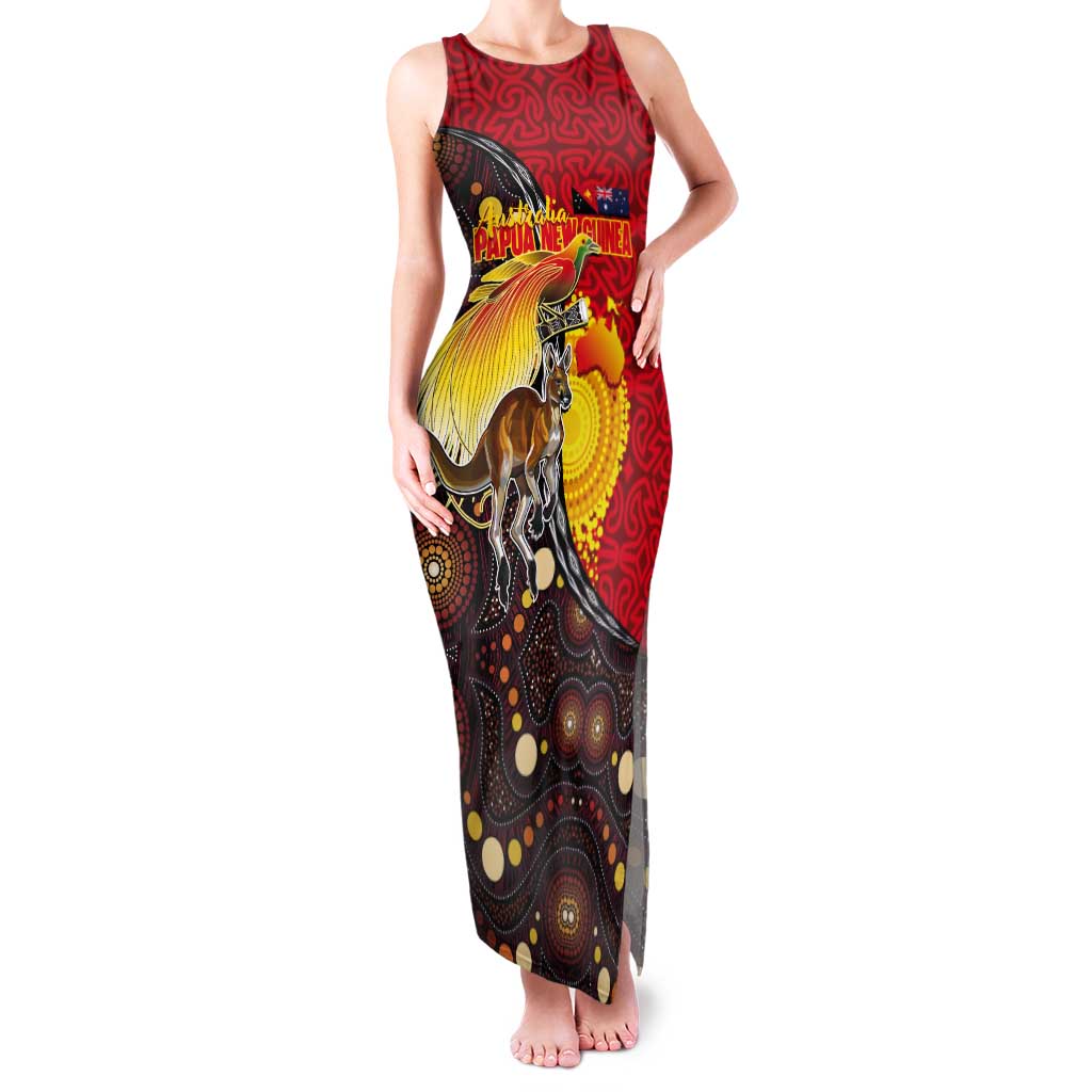 Australia and Papua New Guinea Together Tank Maxi Dress Bird-of-paradise and Kangaroo with Oro Tapa and Aboriginal Art Motifs - Polynesian Pride