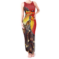 Australia and Papua New Guinea Together Tank Maxi Dress Bird-of-paradise and Kangaroo with Oro Tapa and Aboriginal Art Motifs - Polynesian Pride