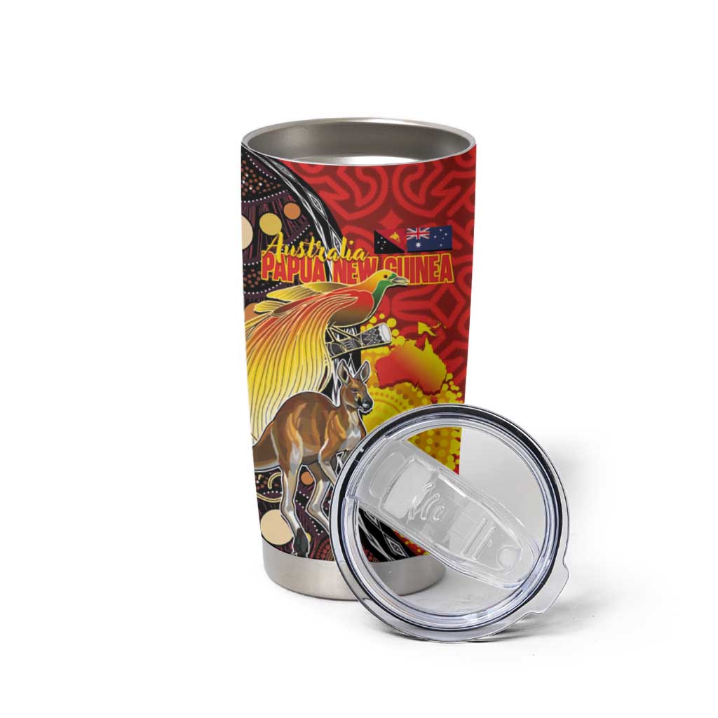 Australia and Papua New Guinea Together Tumbler Cup Bird-of-paradise and Kangaroo with Oro Tapa and Aboriginal Art Motifs - Polynesian Pride
