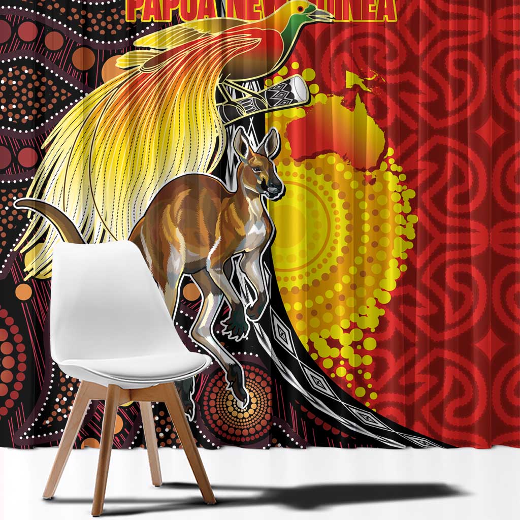 Australia and Papua New Guinea Together Window Curtain Bird-of-paradise and Kangaroo with Oro Tapa and Aboriginal Art Motifs - Polynesian Pride