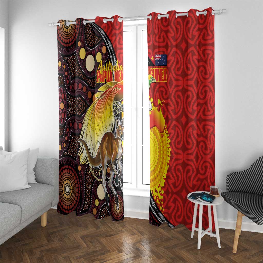 Australia and Papua New Guinea Together Window Curtain Bird-of-paradise and Kangaroo with Oro Tapa and Aboriginal Art Motifs - Polynesian Pride
