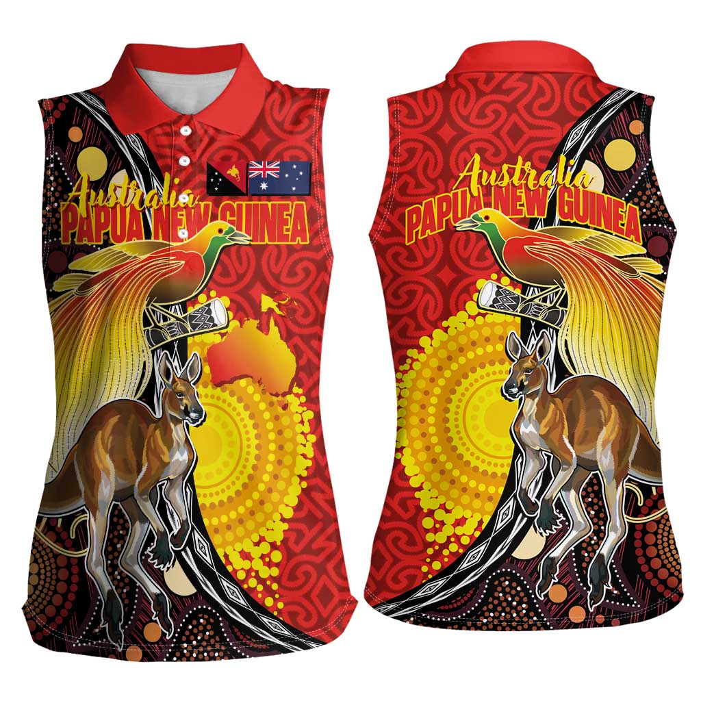 Australia and Papua New Guinea Together Women Sleeveless Polo Shirt Bird-of-paradise and Kangaroo with Oro Tapa and Aboriginal Art Motifs LT03 - Polynesian Pride