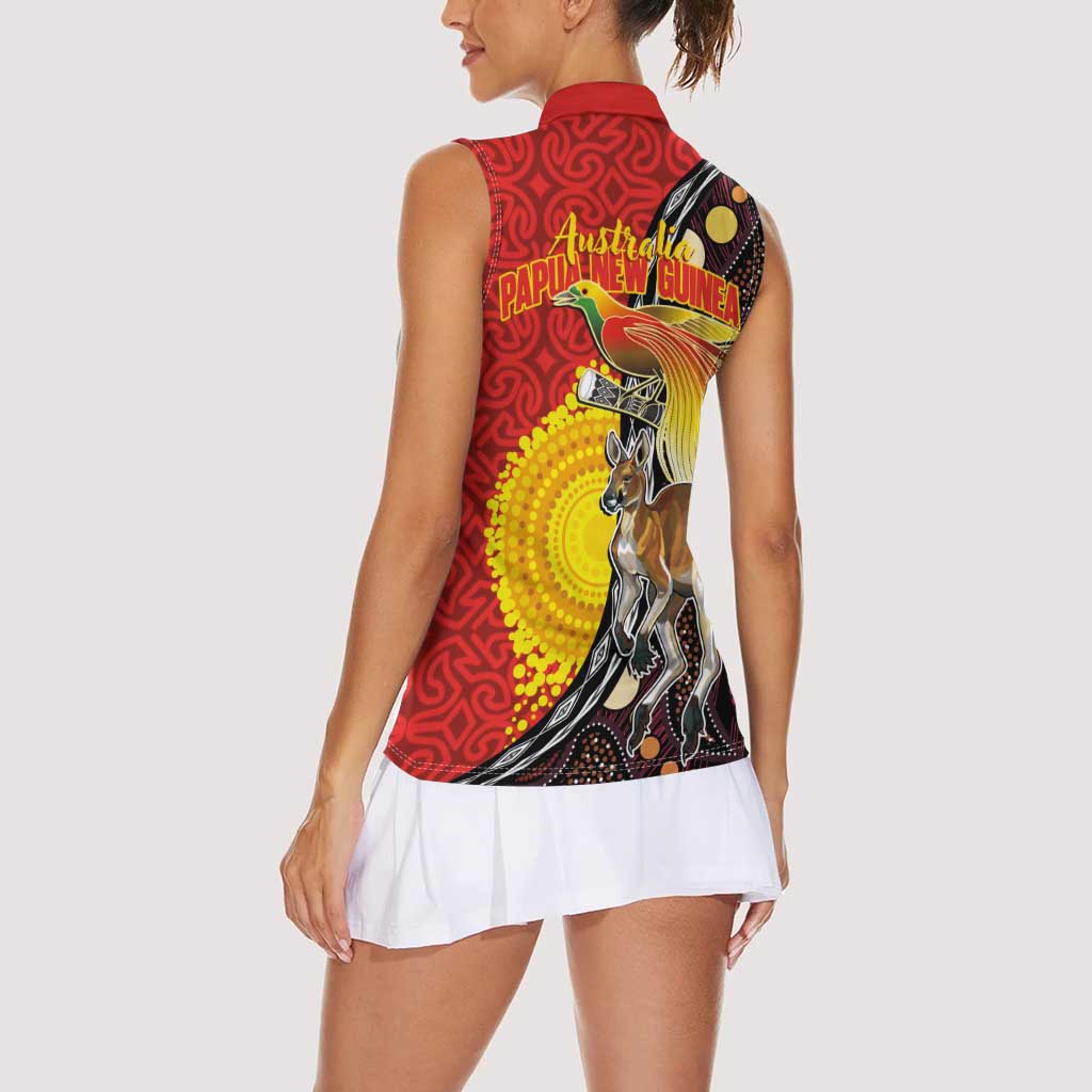 Australia and Papua New Guinea Together Women Sleeveless Polo Shirt Bird-of-paradise and Kangaroo with Oro Tapa and Aboriginal Art Motifs LT03 - Polynesian Pride