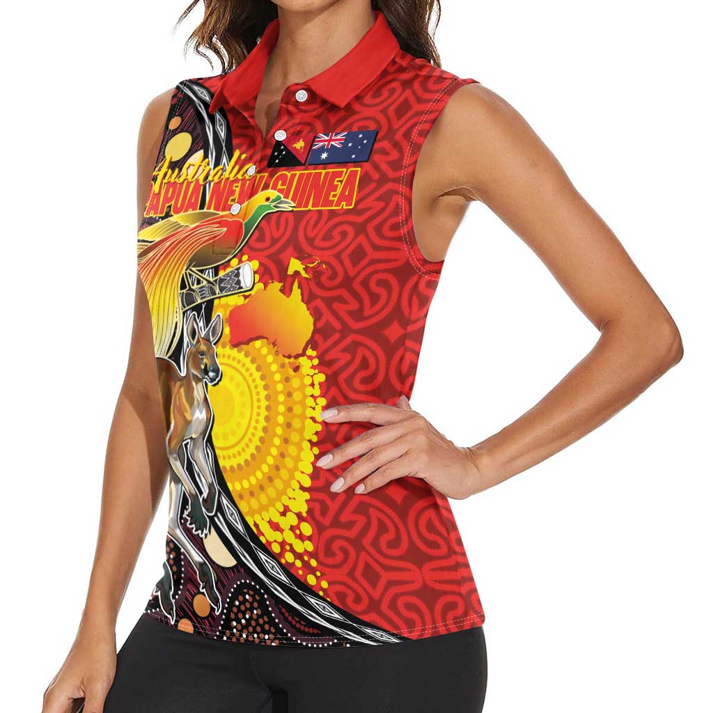Australia and Papua New Guinea Together Women Sleeveless Polo Shirt Bird-of-paradise and Kangaroo with Oro Tapa and Aboriginal Art Motifs LT03 - Polynesian Pride