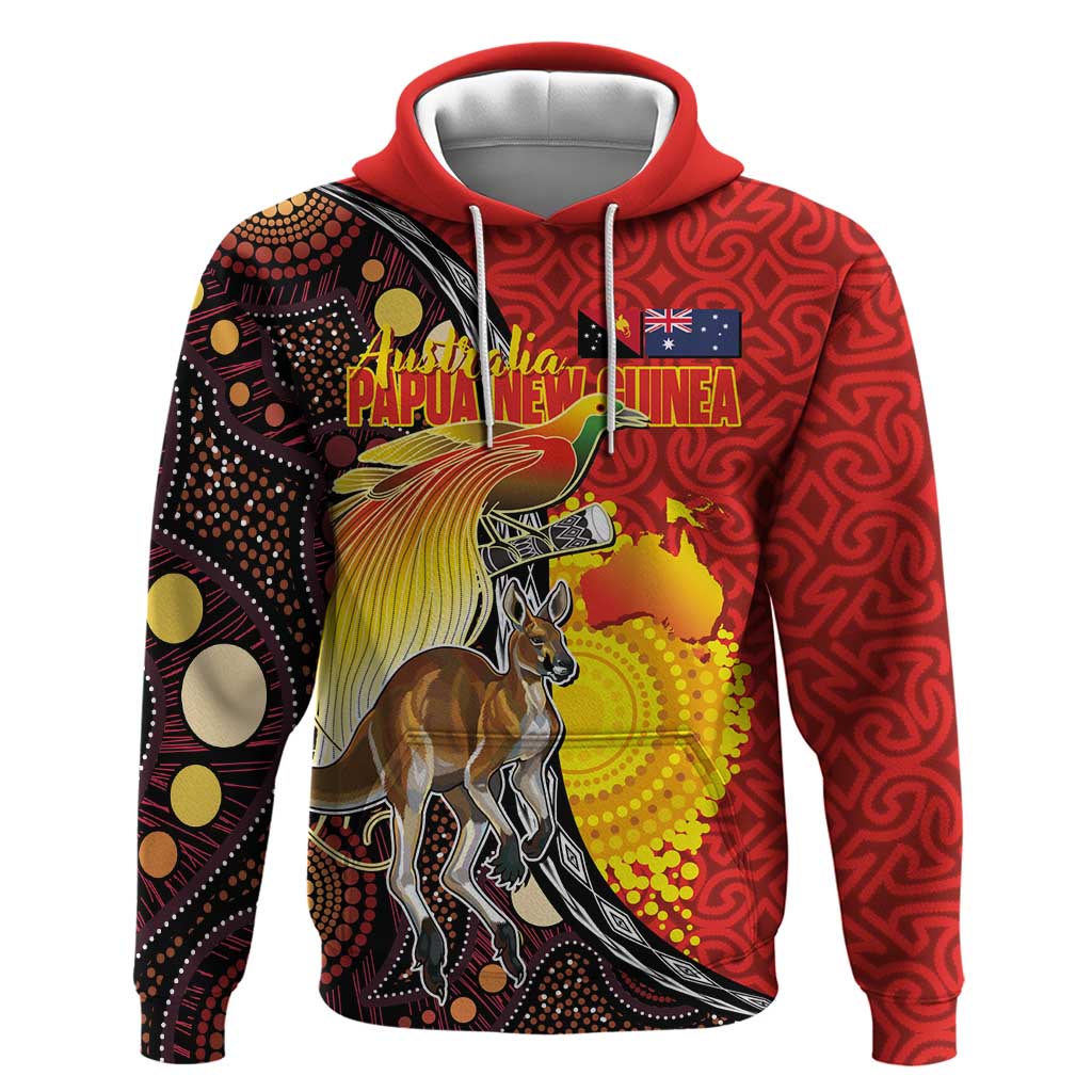 Australia and Papua New Guinea Together Zip Hoodie Bird-of-paradise and Kangaroo with Oro Tapa and Aboriginal Art Motifs - Polynesian Pride
