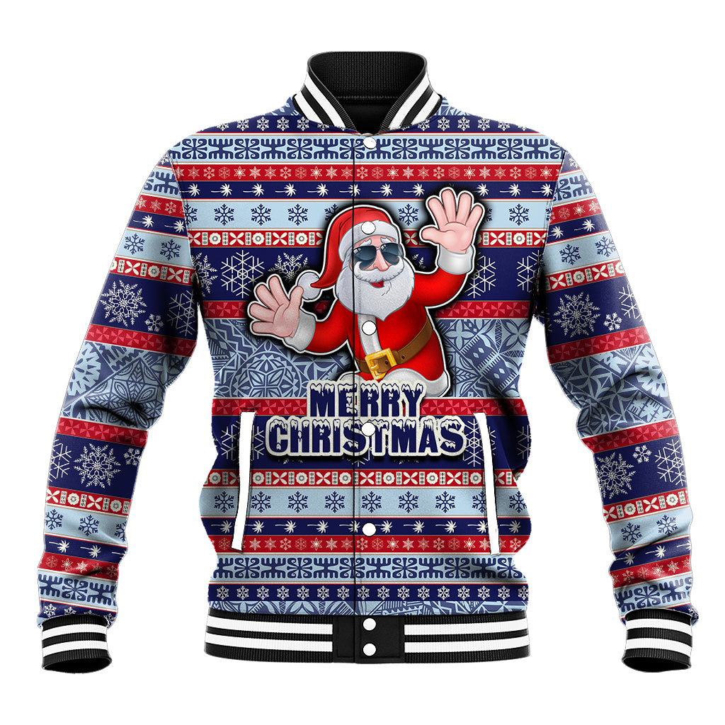 Fiji Christmas Baseball Jacket Fijian Santa and Coat of Arms Mix Tapa Pattern Striped Style LT03 Unisex Blue - Polynesian Pride
