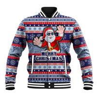 Fiji Christmas Baseball Jacket Fijian Santa and Coat of Arms Mix Tapa Pattern Striped Style LT03 Unisex Blue - Polynesian Pride