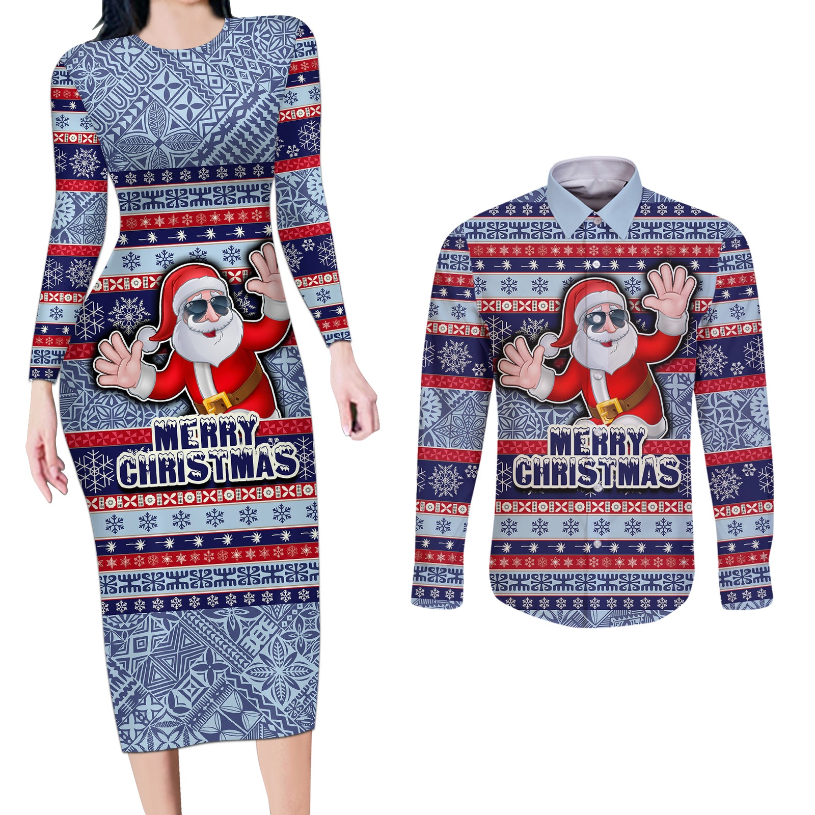 fiji-christmas-couples-matching-long-sleeve-bodycon-dress-and-long-sleeve-button-shirts-fijian-santa-and-coat-of-arms-mix-tapa-pattern-striped-style