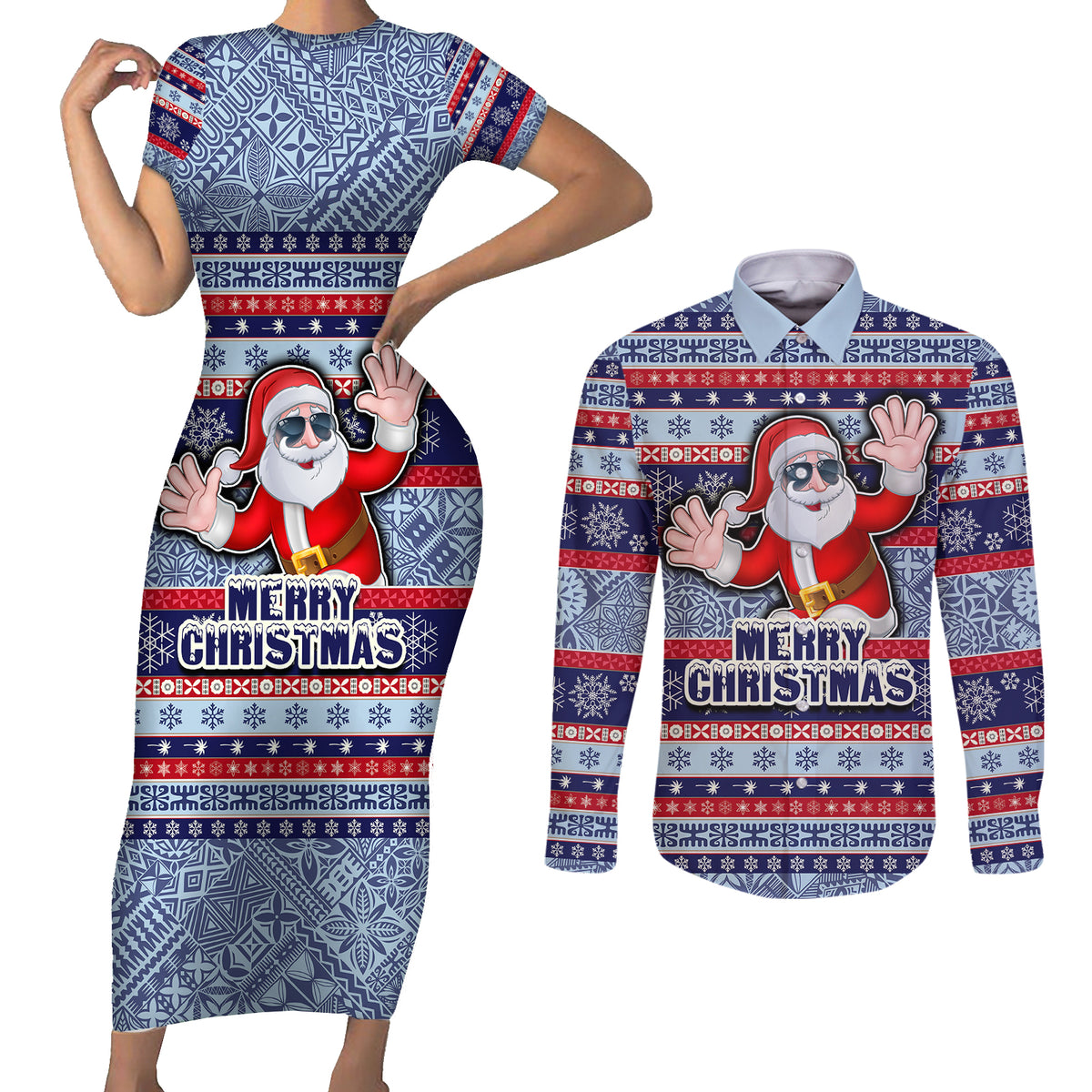 fiji-christmas-couples-matching-short-sleeve-bodycon-dress-and-long-sleeve-button-shirts-fijian-santa-and-coat-of-arms-mix-tapa-pattern-striped-style