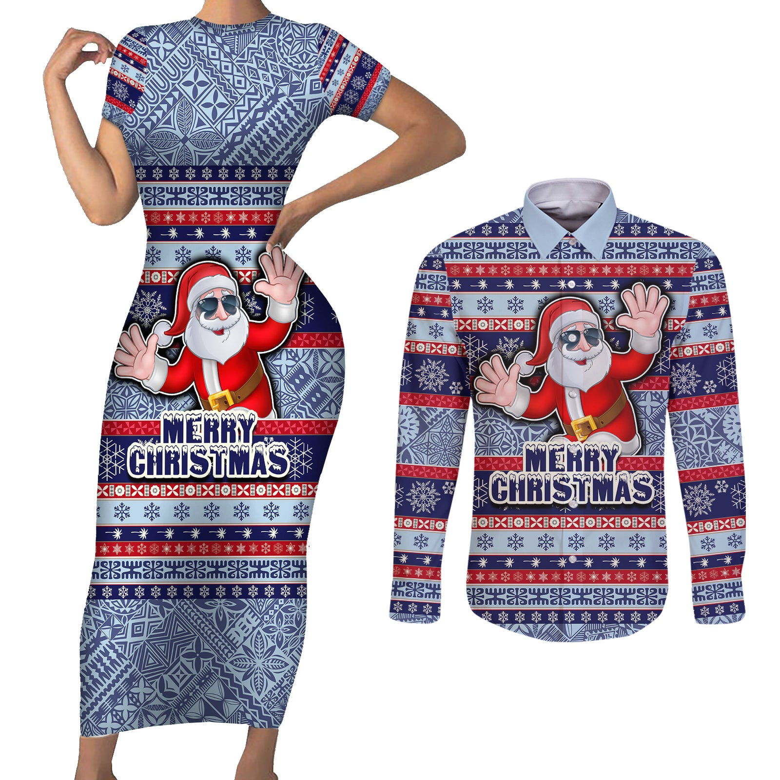 fiji-christmas-couples-matching-short-sleeve-bodycon-dress-and-long-sleeve-button-shirts-fijian-santa-and-coat-of-arms-mix-tapa-pattern-striped-style