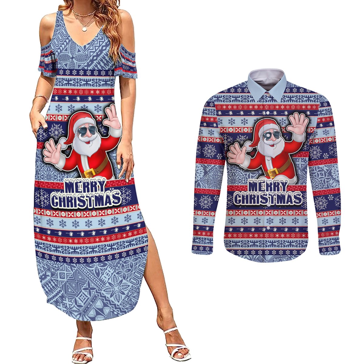 fiji-christmas-couples-matching-summer-maxi-dress-and-long-sleeve-button-shirts-fijian-santa-and-coat-of-arms-mix-tapa-pattern-striped-style