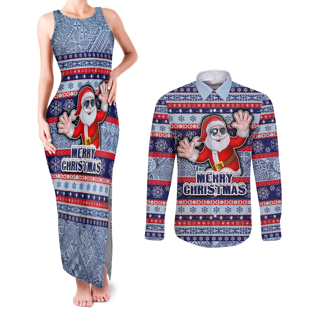fiji-christmas-couples-matching-tank-maxi-dress-and-long-sleeve-button-shirts-fijian-santa-and-coat-of-arms-mix-tapa-pattern-striped-style