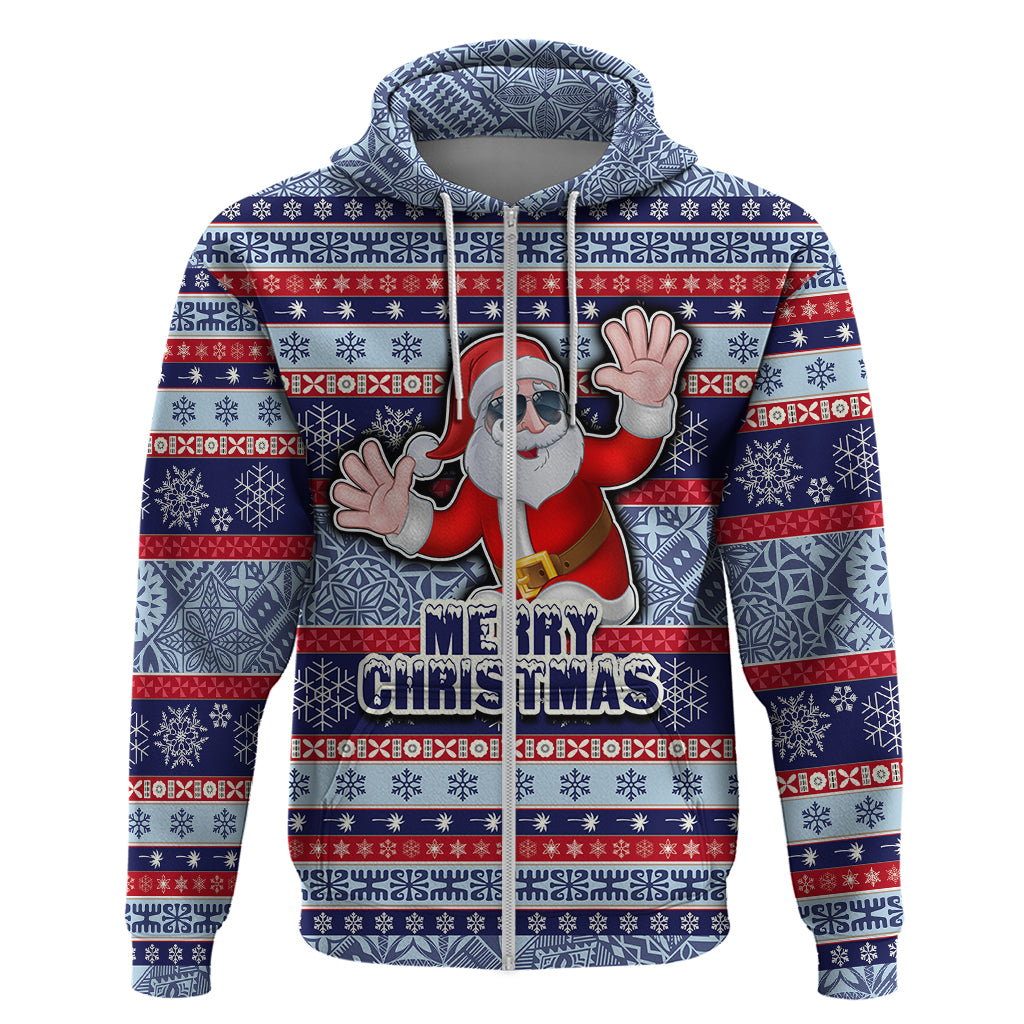 Fiji Christmas Hoodie Fijian Santa and Coat of Arms Mix Tapa Pattern Striped Style LT03 Zip Hoodie Blue - Polynesian Pride