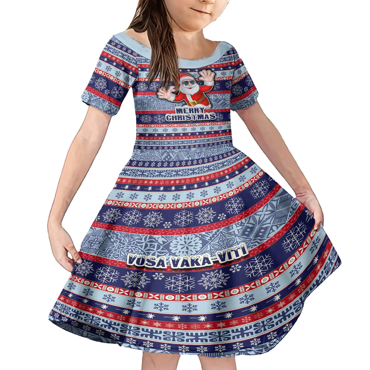 fiji-christmas-kid-short-sleeve-dress-fijian-santa-and-coat-of-arms-mix-tapa-pattern-striped-style