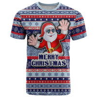 Fiji Christmas T Shirt Fijian Santa and Coat of Arms Mix Tapa Pattern Striped Style LT03 Blue - Polynesian Pride