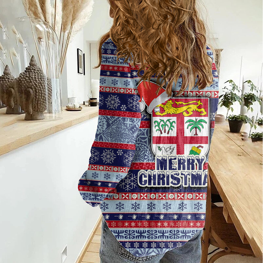 fiji-christmas-women-casual-shirt-fijian-santa-and-coat-of-arms-mix-tapa-pattern-striped-style