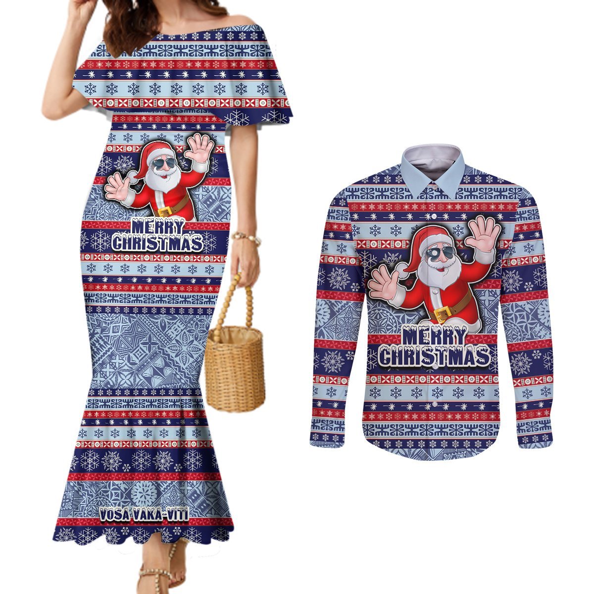 Custom Fiji Christmas Couples Matching Mermaid Dress and Long Sleeve Button Shirts Fijian Santa and Coat of Arms Mix Tapa Pattern Striped Style LT03 Blue - Polynesian Pride
