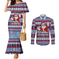 Custom Fiji Christmas Couples Matching Mermaid Dress and Long Sleeve Button Shirts Fijian Santa and Coat of Arms Mix Tapa Pattern Striped Style LT03 Blue - Polynesian Pride