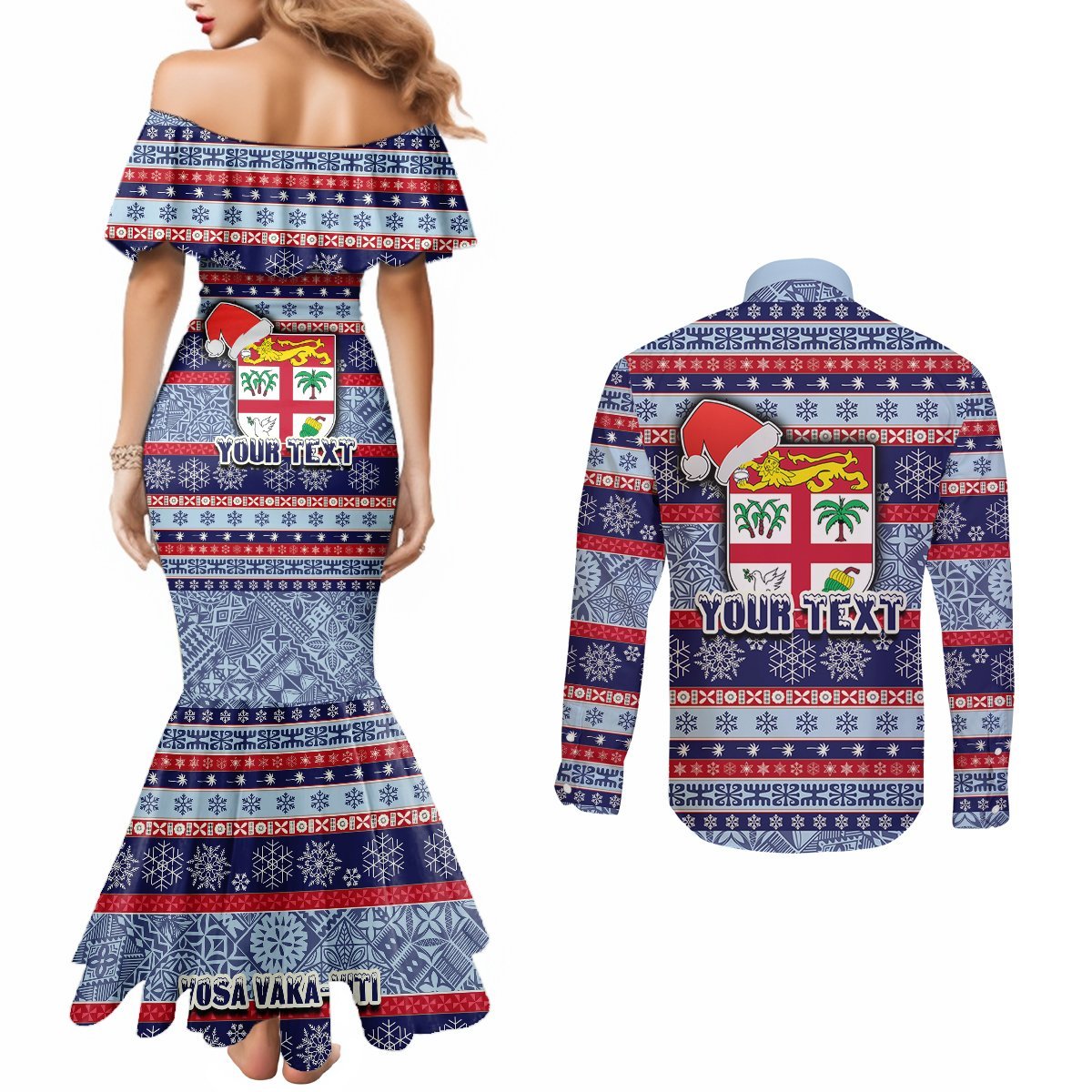 Custom Fiji Christmas Couples Matching Mermaid Dress and Long Sleeve Button Shirts Fijian Santa and Coat of Arms Mix Tapa Pattern Striped Style LT03 - Polynesian Pride