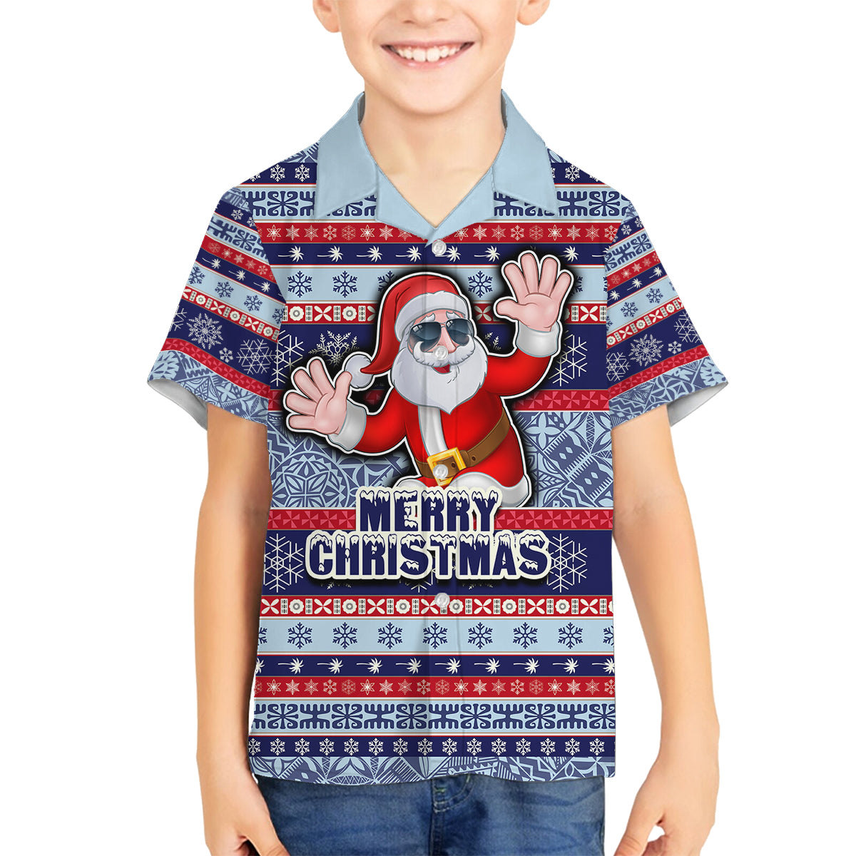 Custom Fiji Christmas Family Matching Puletasi Dress and Hawaiian Shirt Fijian Santa and Coat of Arms Mix Tapa Pattern Striped Style LT03 Son's Shirt Blue - Polynesian Pride