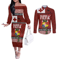 Tongan Christmas Couples Matching Off The Shoulder Long Sleeve Dress and Long Sleeve Button Shirt Kilisimasi Fiefia with Ngatu Art Tattoo LT03 Red - Polynesian Pride