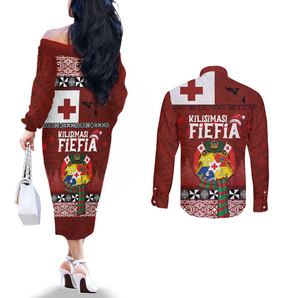 Tongan Christmas Couples Matching Off The Shoulder Long Sleeve Dress and Long Sleeve Button Shirt Kilisimasi Fiefia with Ngatu Art Tattoo LT03 - Polynesian Pride