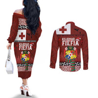 Tongan Christmas Couples Matching Off The Shoulder Long Sleeve Dress and Long Sleeve Button Shirt Kilisimasi Fiefia with Ngatu Art Tattoo LT03 - Polynesian Pride