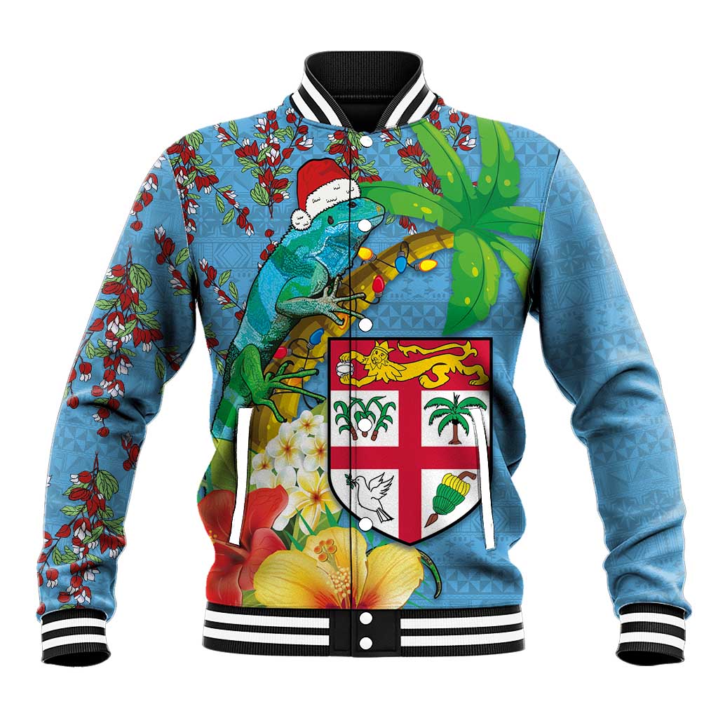Fijians Iguana Tagimoucia Christmas Baseball Jacket Christmas Palm Tree and Hibiscus LT03 Unisex Blue - Polynesian Pride