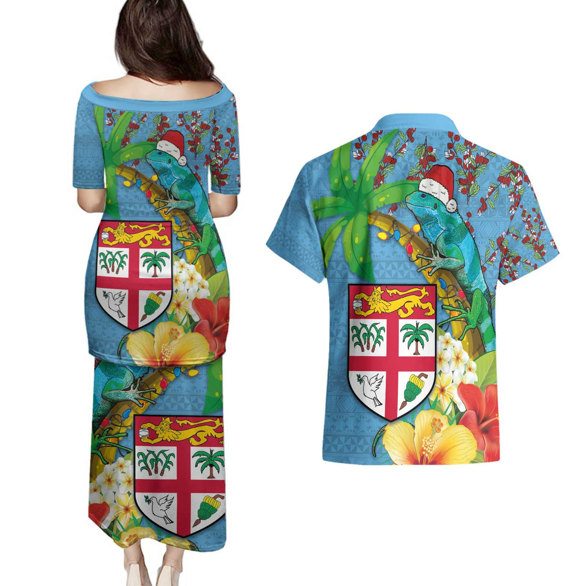 Fijians Iguana Tagimoucia Christmas Couples Matching Puletasi and Hawaiian Shirt Christmas Palm Tree and Hibiscus